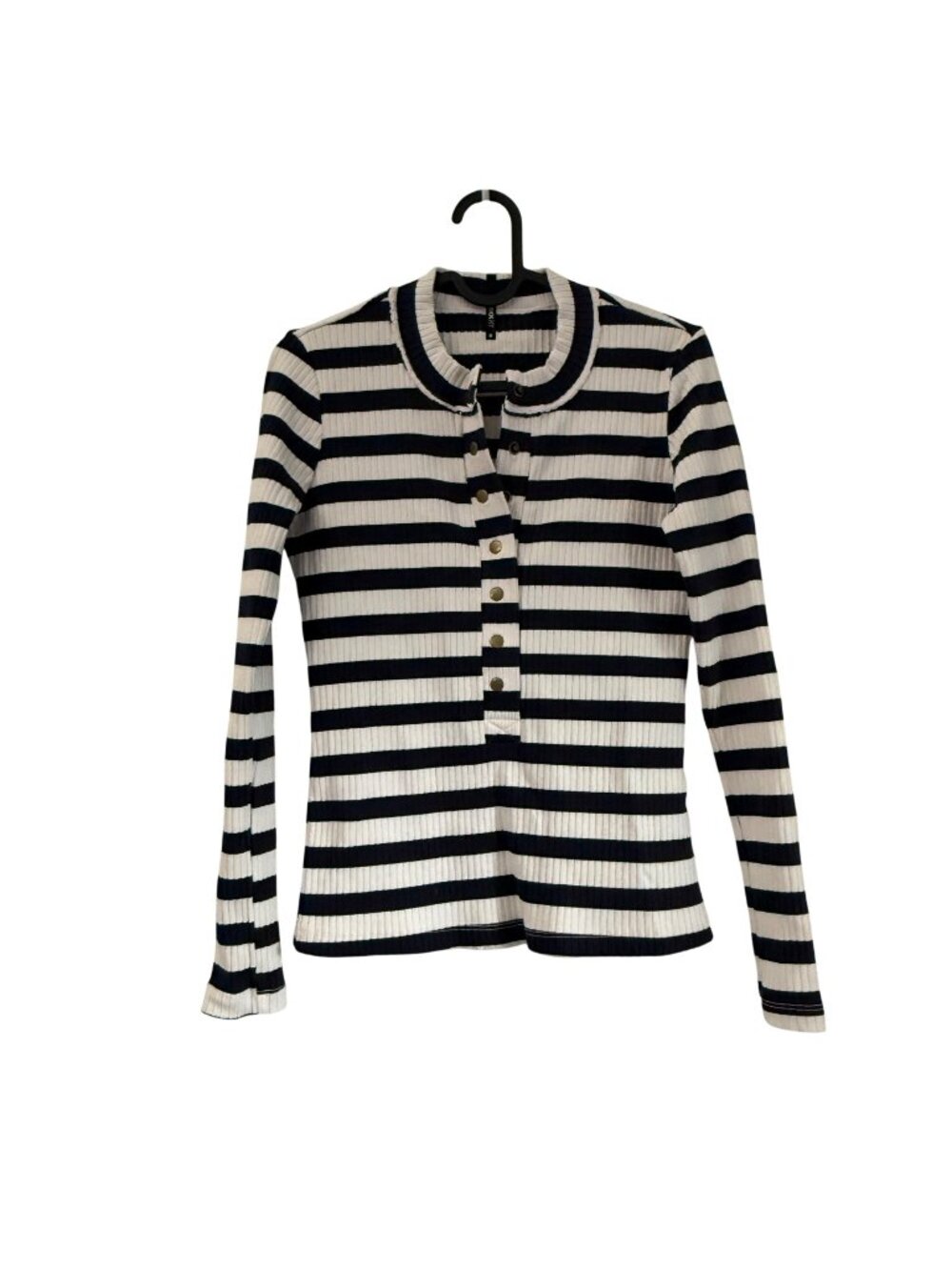 ASKK NY Navy White Striped Ribbed Snap Long Sleeve Henley Womens Small